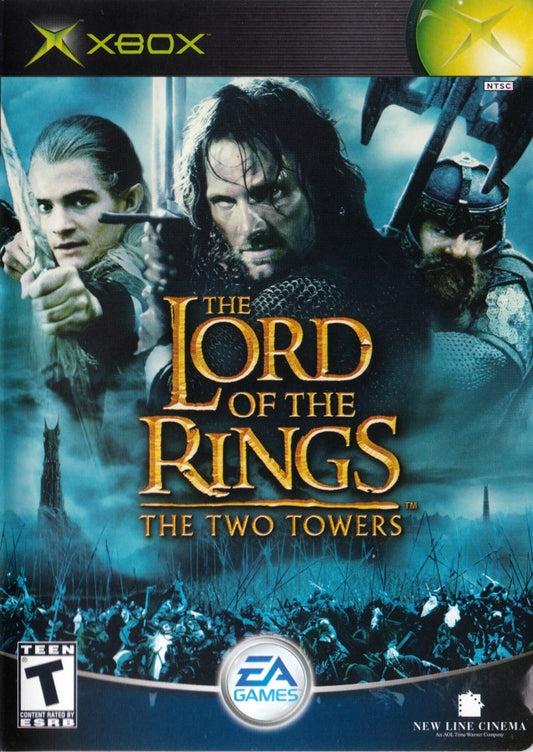 The Lord of the Rings The Two Towers Xbox video game, action adventure, fantasy combat, movie tie-in gameplay, classic console title cover art
