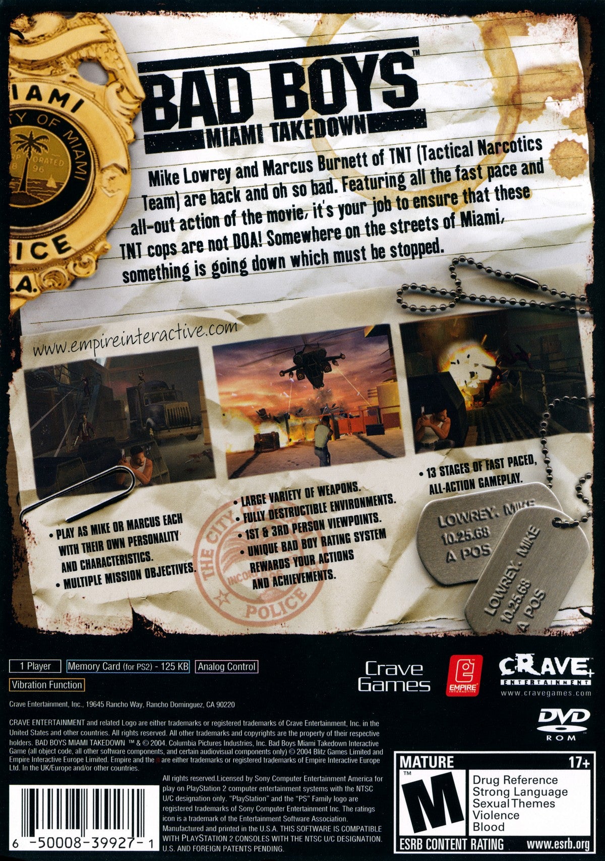 Bad Boys: Miami Takedown for PlayStation 2 with action-packed police shooter theme back cover art