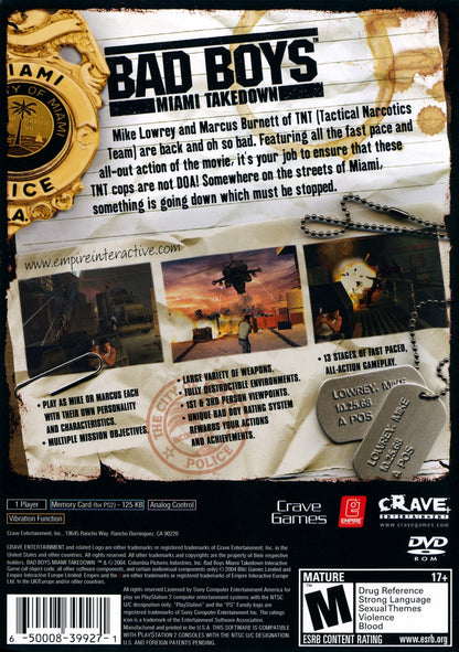 Bad Boys: Miami Takedown for PlayStation 2 with action-packed police shooter theme back cover art