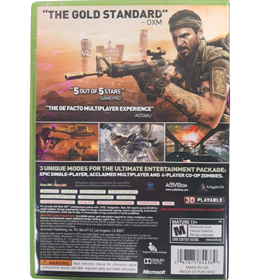 Call of Duty Black Ops Xbox 360 game featuring intense first person shooter action, cinematic Cold War storyline, and competitive multiplayer modes back cover 