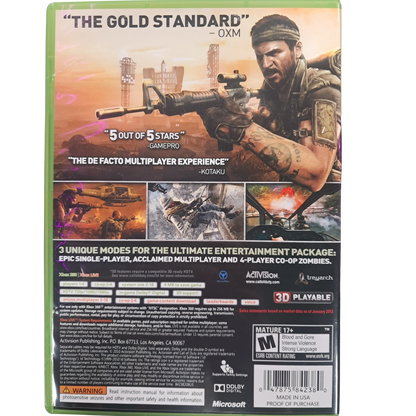 Call of Duty Black Ops Xbox 360 game featuring intense first person shooter action, cinematic Cold War storyline, and competitive multiplayer modes back cover 