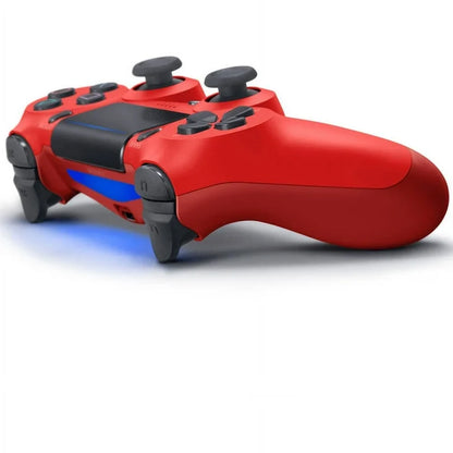 Magma Red DualShock 4 wireless controller for PlayStation 4 gaming console turned on