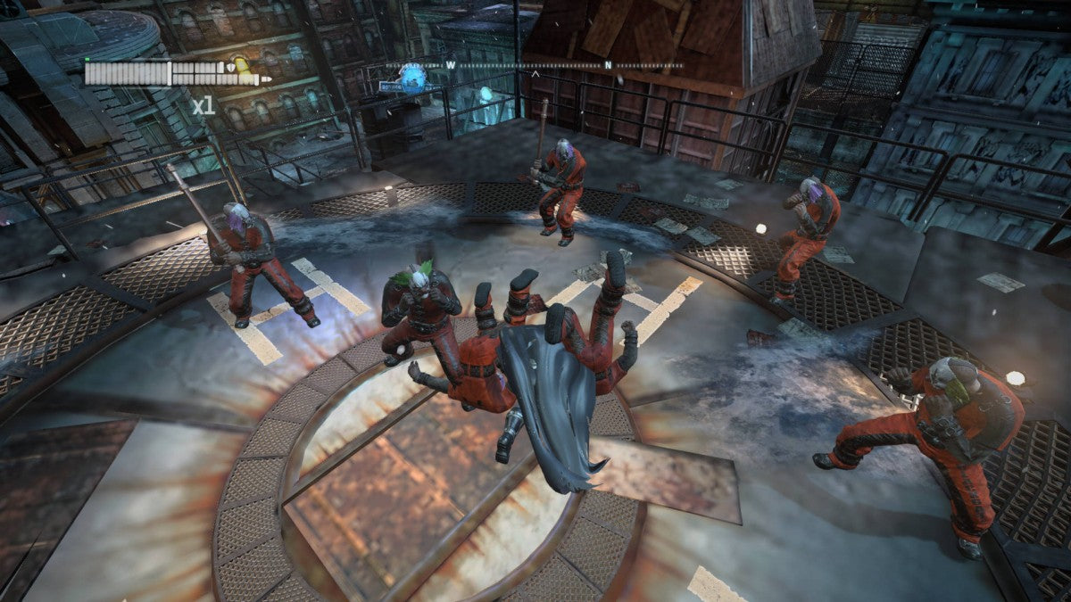 Batman Arkham City Xbox 360 open-world action-adventure stealth video game featuring the Dark Knight Catwoman Joker Hugo Strange Two-Face and Penguin with freeflow combat predator takedowns gadget upgrades gliding traversal and Riddler challenges gameplay screenshot