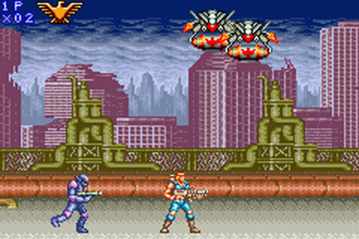Contra Advance The Alien Wars EX for Game Boy Advance, gameplay for a run-and-gun shooter video game with side-scrolling gameplay, fast-paced combat, alien enemies, and classic arcade-style action