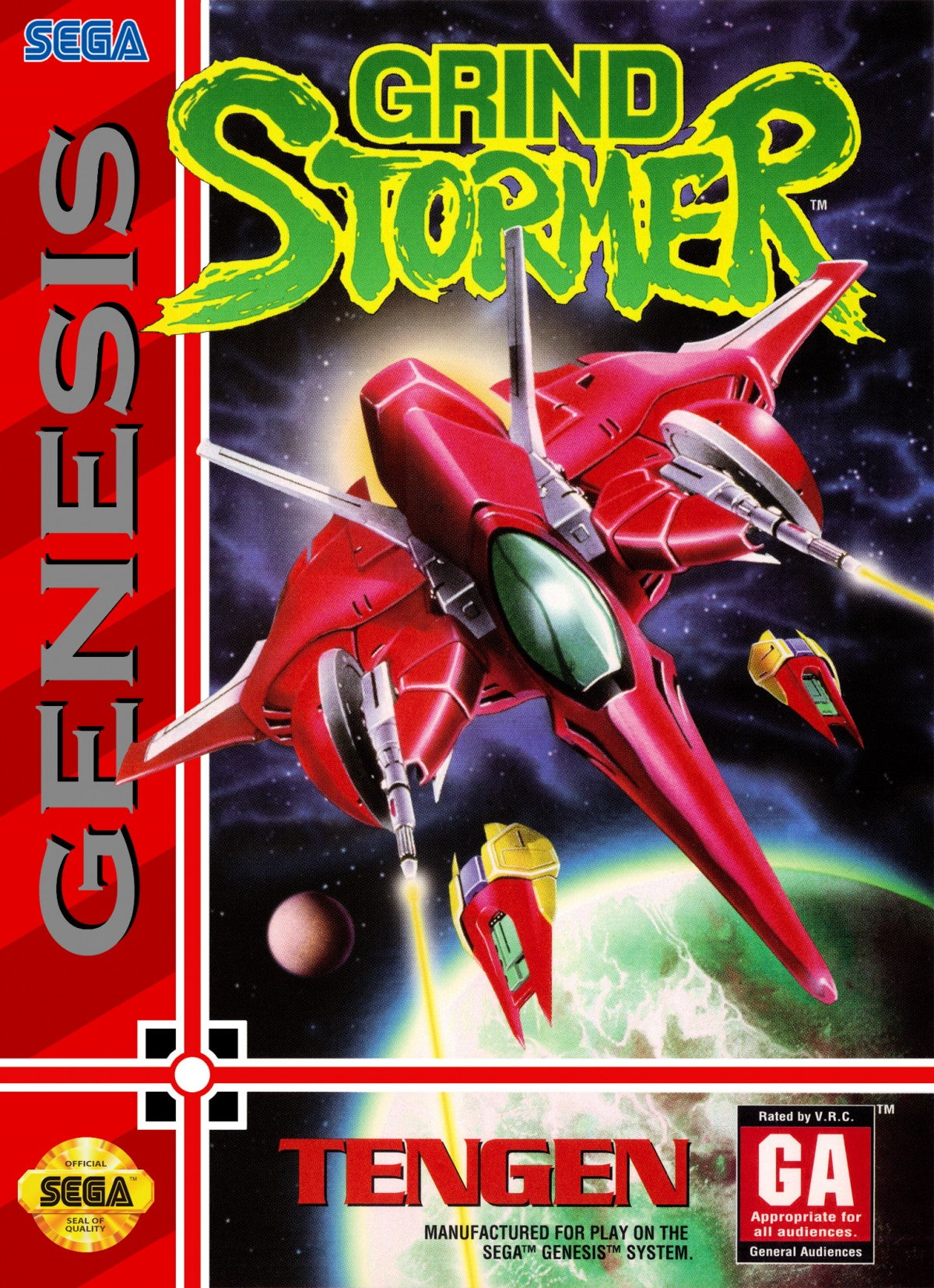 Grind Stormer Sega Genesis GEN video game featuring vertical scrolling shoot em up gameplay futuristic spaceship combat enemy waves power ups weapon upgrades challenging stages intense boss battles and classic 16 bit Sega arcade action retro video game collection collectible gaming appeal front cover art