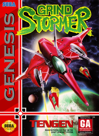 Grind Stormer Sega Genesis GEN video game featuring vertical scrolling shoot em up gameplay futuristic spaceship combat enemy waves power ups weapon upgrades challenging stages intense boss battles and classic 16 bit Sega arcade action retro video game collection collectible gaming appeal front cover art