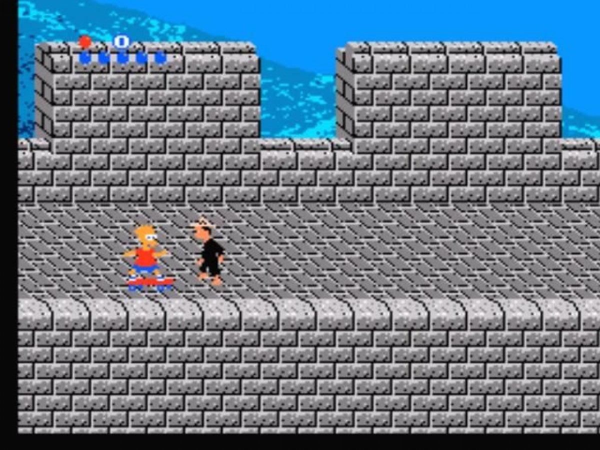 The Simpsons: Bart vs. the World cartridge for the Nintendo Entertainment System featuring Bart Simpson traveling the globe in a colorful 8 bit side scrolling adventure based on the classic animated series gameplay