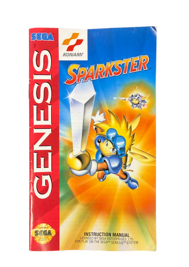 Sparkster Sega Genesis for retro video game enthusiasts featuring side scrolling action platforming gameplay rocket powered knight adventures fast paced combat colorful fantasy worlds challenging boss battles classic 16 bit gaming and collectible gaming appeal front of manual