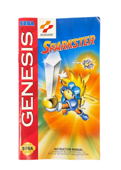 Sparkster Sega Genesis for retro video game enthusiasts featuring side scrolling action platforming gameplay rocket powered knight adventures fast paced combat colorful fantasy worlds challenging boss battles classic 16 bit gaming and collectible gaming appeal front of manual