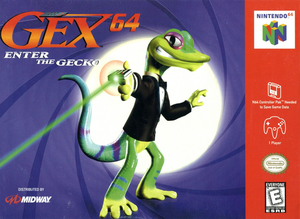 Gex 64 Enter the Gecko Nintendo 64 N64 for 3D platforming video game fans featuring Gex the gecko television themed levels collectible remotes platforming challenges enemy battles unique environments power ups and classic Nintendo 64 gameplay collectible gaming appeal front cover art