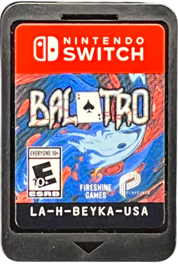 Balatro Nintendo Switch inspired design featuring roguelike deck building card game aesthetic strategic poker inspired mechanics powerful joker combinations score chasing progression addictive indie gameplay stylish modern presentation cartridge