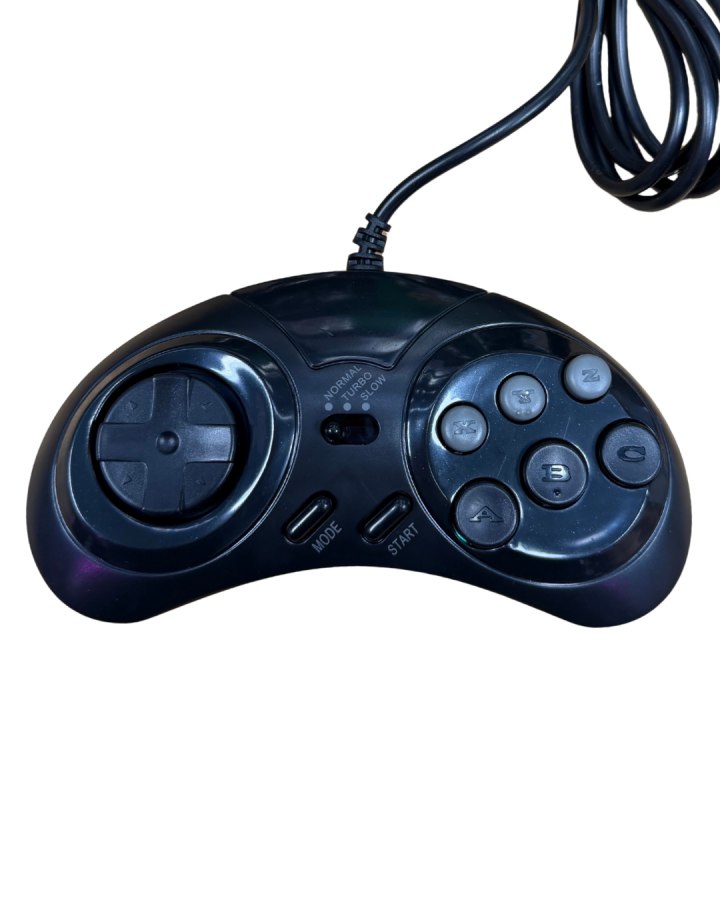 XYAB brand third party 6 button Sega Genesis wired controller black retro gaming accessory for Sega Genesis systems front view