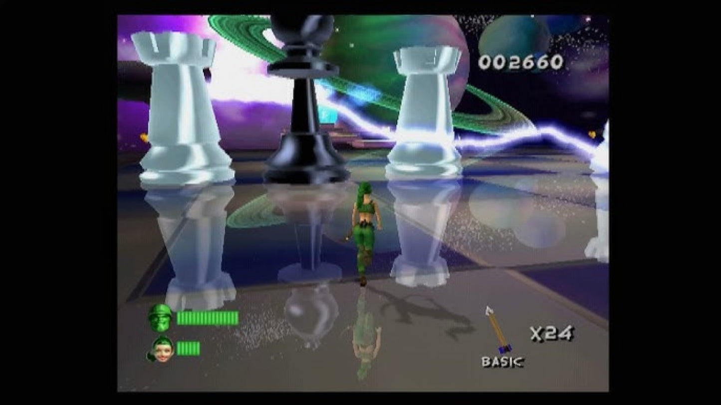 Portal Runner PS2 Sony PlayStation 2 action adventure platformer spin off from Army Men series tactical combat fantasy themed worlds time portals sword and ranged combat puzzle solving 3D exploration gameplay 3DO Company retro gaming PlayStation 2 software video game title gameplay