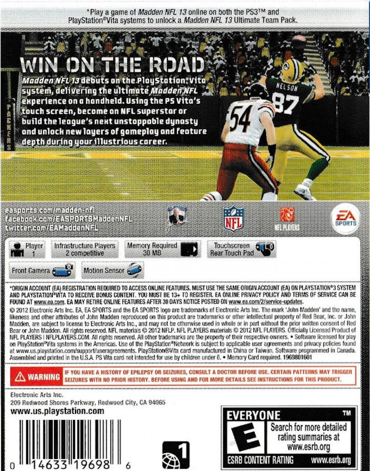 Madden NFL 13 PlayStation Vita PS Vita for retro video game enthusiasts featuring football simulation gameplay authentic NFL teams strategic play calling realistic sports action season modes portable handheld competition and collectible gaming appeal back art
