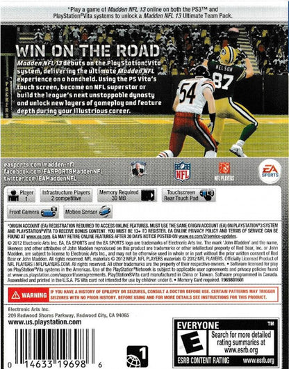 Madden NFL 13 PlayStation Vita PS Vita for retro video game enthusiasts featuring football simulation gameplay authentic NFL teams strategic play calling realistic sports action season modes portable handheld competition and collectible gaming appeal back art