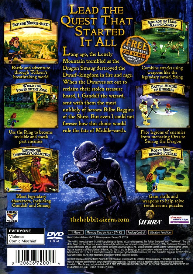 The Hobbit: The Prelude to the Lord of the Rings – PlayStation 2 (PS2) video game back of case, action-adventure fantasy.