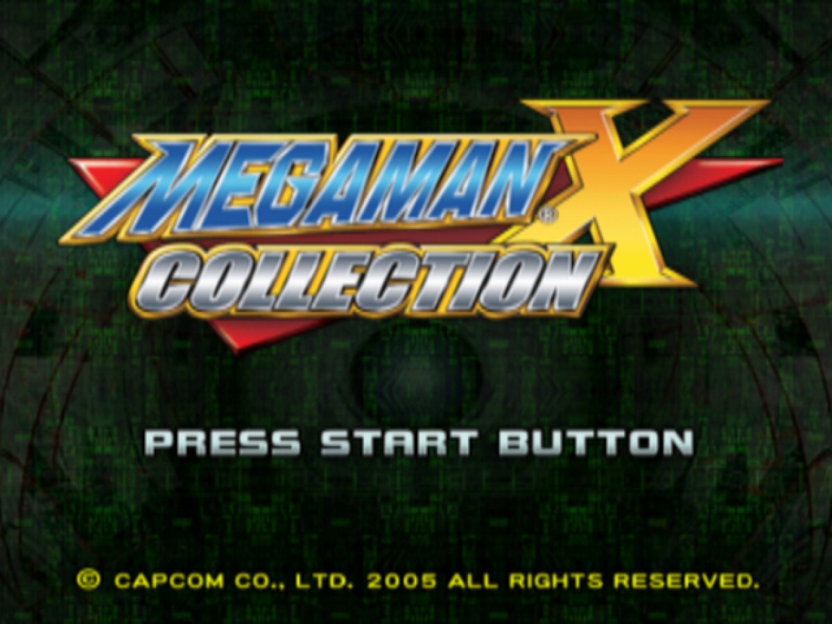 Mega Man X Collection PlayStation 2 (PS2) title screen showing classic characters and bold retro graphics.
