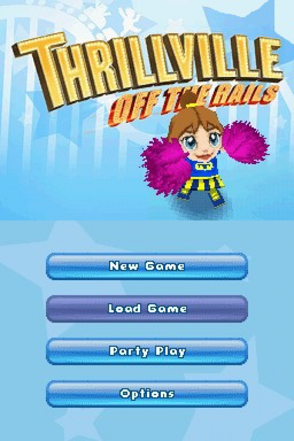 Thrillville: Off the Rails start screen for Nintendo DS (DS) theme park simulation video game
