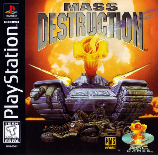 Mass Destruction game for the PlayStation featuring vehicular combat gameplay with tank based missions destructible environments objective driven levels and arcade style action across military themed battlefields front cover 