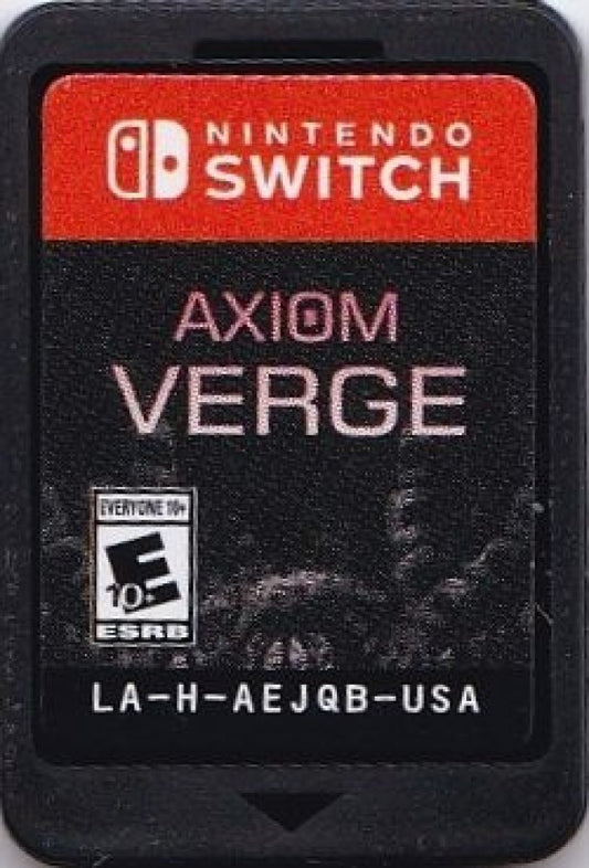 Axiom Verge Nintendo Switch inspired design featuring retro inspired sci fi action platformer aesthetic alien worlds mysterious technology pixel art visuals interconnected exploration challenging combat atmospheric metroidvania gameplay presentation cartridge