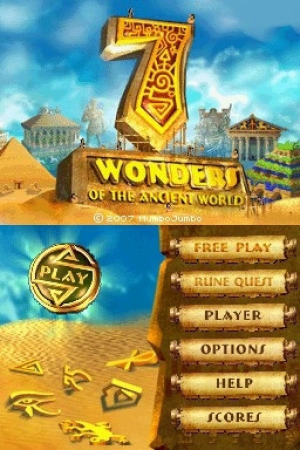 7 Wonders of the Ancient World title screen for the Nintendo DS (DS) video game