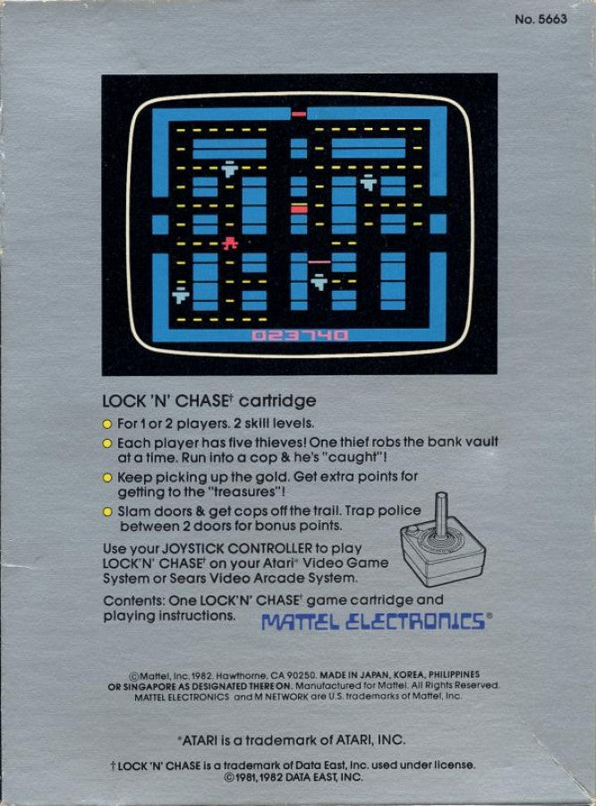 Lock 'N' Chase Atari 2600 inspired design featuring classic maze chase arcade gameplay aesthetic coin collecting action strategic escape challenges retro pixel graphics fast paced score chasing excitement vintage Atari gaming presentation back cover
