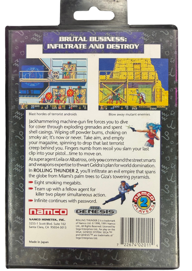 Rolling Thunder 2 Sega Genesis GEN for side scrolling action video game fans featuring fast paced run and gun combat enemy soldiers challenging stages powerful weapons arcade style action cooperative multiplayer gameplay and classic Namco arcade entertainment collectible retro Genesis gaming appeal back cover art