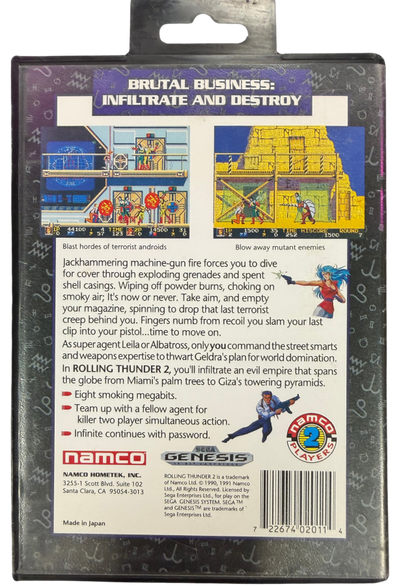 Rolling Thunder 2 Sega Genesis GEN for side scrolling action video game fans featuring fast paced run and gun combat enemy soldiers challenging stages powerful weapons arcade style action cooperative multiplayer gameplay and classic Namco arcade entertainment collectible retro Genesis gaming appeal back cover art