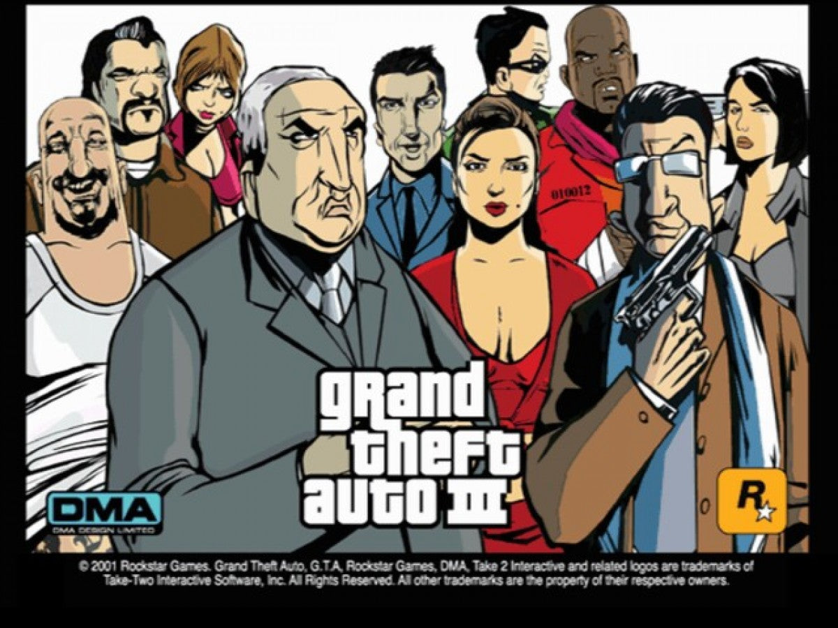 Grand Theft Auto III PlayStation 2 open-world action-adventure video game Rockstar Games Liberty City Claude silent protagonist missions vehicle hijacking crime syndicates Mafia gangs 3D era sandbox gameplay main menu title loading screen