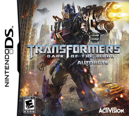 Transformers Dark of the Moon Autobots Nintendo DS DS video game featuring action adventure gameplay Autobots characters Optimus Prime Bumblebee robot combat vehicle transformation missions Decepticon battles weapon upgrades sci fi environments stealth operations and movie inspired Transformers storyline classic Nintendo DS handheld gaming retro video game collection collectible gaming appeal front cover art