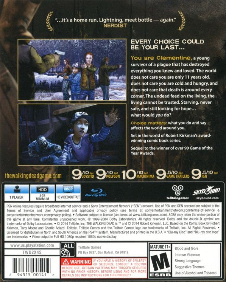The Walking Dead: Season Two – PlayStation 4 (PS4) video game back of case, episodic interactive drama adventure.