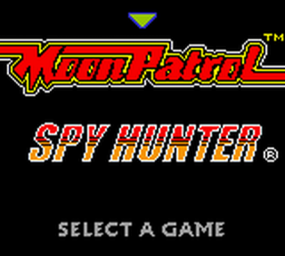 Arcade Hits: Moon Patrol and Spy Hunter Nintendo Game Boy Color GBC for arcade action racing shooter retro video game fans featuring side scrolling vehicle combat high speed driving classic arcade gameplay military missions retro challenges collectible gaming appeal title screen