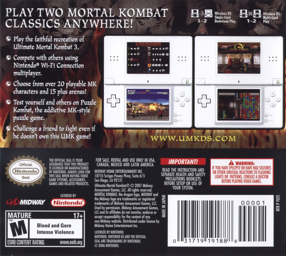 Ultimate Mortal Kombat Nintendo DS DS for fighting video game fans featuring classic Mortal Kombat characters brutal combat signature fatalities special moves arcade modes puzzle combat challenges touchscreen features and portable Nintendo DS gameplay collectible gaming appeal back cover art