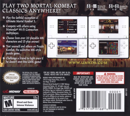 Ultimate Mortal Kombat Nintendo DS DS for fighting video game fans featuring classic Mortal Kombat characters brutal combat signature fatalities special moves arcade modes puzzle combat challenges touchscreen features and portable Nintendo DS gameplay collectible gaming appeal back cover art