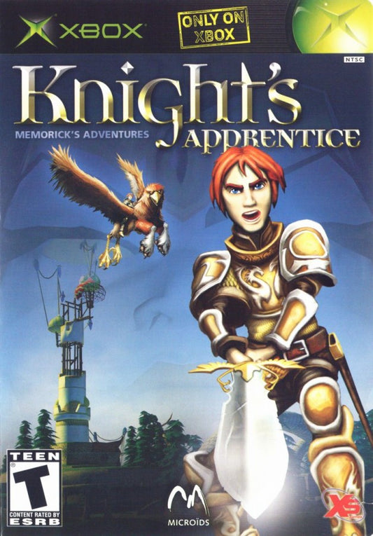 Knights Apprentice Memoricks Adventures retro Xbox video game Knights Apprentice fantasy action adventure puzzle platform gameplay magical world exploration story driven console title Xbox release cover art