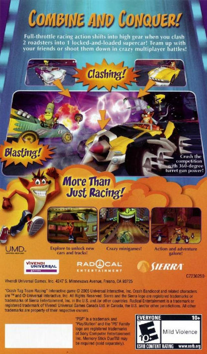 Crash Tag Team Racing PlayStation Portable PSP for retro video game enthusiasts featuring arcade kart racing gameplay Crash Bandicoot characters vehicle merging mechanics colorful tracks power ups multiplayer action and collectible gaming appeal back cover