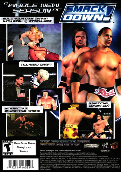 Retro WWE SmackDown Shut Your Mouth Greatest Hits PS2 inspired design featuring classic wrestling entertainment aesthetic vintage PlayStation 2 arena combat superstar roster grappling strikes entrances storyline mode sports entertainment chaos nostalgic WWE wrestling game presentation - back of case