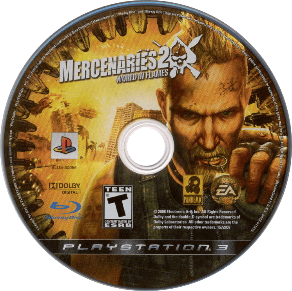 Mercenaries 2 World in Flames PlayStation 3 PS3 video game, open-world action shooter, destructible environments, military sandbox gameplay disc