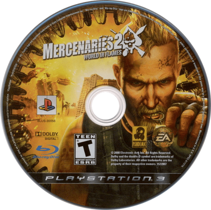 Mercenaries 2 World in Flames PlayStation 3 PS3 video game, open-world action shooter, destructible environments, military sandbox gameplay disc