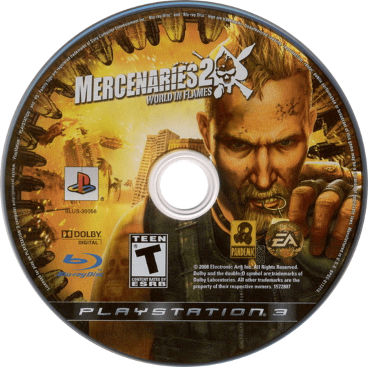Mercenaries 2 World in Flames PlayStation 3 PS3 video game, open-world action shooter, destructible environments, military sandbox gameplay disc