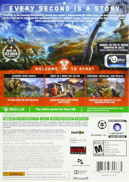 Far Cry 4 Xbox 360 open-world first-person shooter video game Ubisoft Kyrat Himalayas region Pagan Min villain Ajay Ghale protagonist elephant riding wing suit flying grappling hook co-op campaign online multiplayer outpost liberation tower climbing hunting crafting Shangri-La missions psychedelic sequences back cover