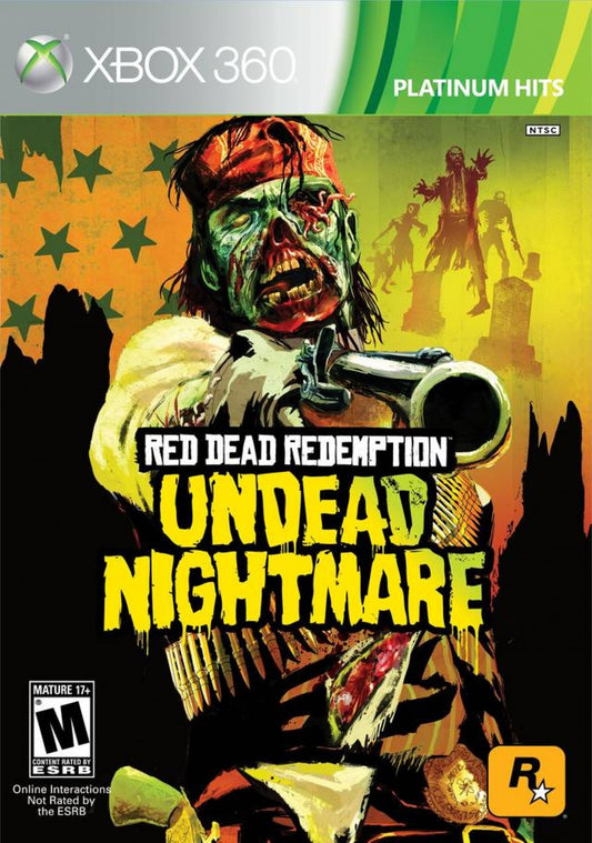 Red Dead Redemption: Undead Nightmare [Platinum Hits] for Xbox 360 (X360) at Gamers INC, featuring the critically acclaimed supernatural expansion that transforms the American frontier into a zombie-infested wasteland, where John Marston must find a cure for the plague through a new single-player campaign, mythic creature hunts, and intense "Undead Overrun" multiplayer modes in a definitive Platinum Hits release front cover