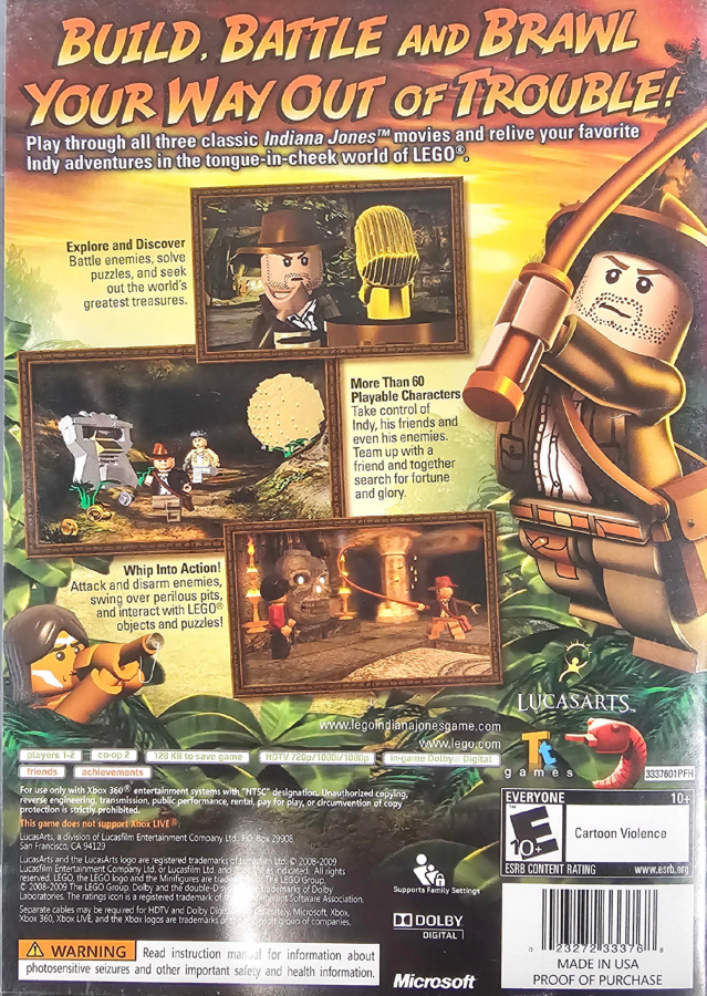 LEGO Indiana Jones The Original Adventures Platinum Family Hits Xbox 360 video game featuring action adventure gameplay based on Indiana Jones classic movie scenes LEGO characters exploration puzzle solving combat challenges collectible treasures and cooperative gameplay Xbox 360 retro video game collection collectible gaming appeal back cover art
