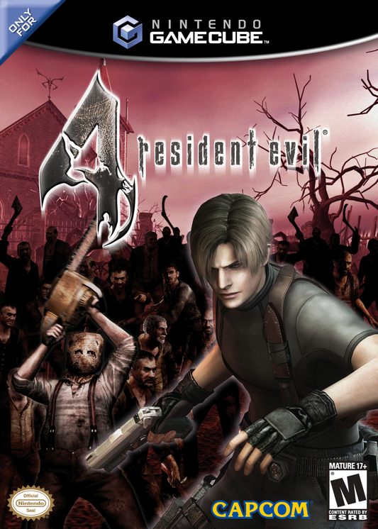 Resident Evil 4 GameCube GC video game, survival horror, third-person action, classic Capcom title, Nintendo GameCube release cover art 