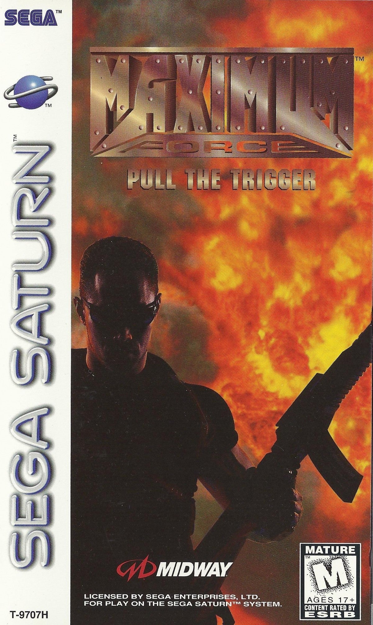 Maximum Force Pull the Trigger Sega Saturn full motion video FMV rail shooter arcade style live action shooting game military terrorist targets interactive movie gameplay Digital Pictures style retro gaming Sega Saturn software video game title cover art