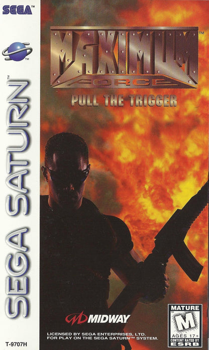 Maximum Force Pull the Trigger Sega Saturn full motion video FMV rail shooter arcade style live action shooting game military terrorist targets interactive movie gameplay Digital Pictures style retro gaming Sega Saturn software video game title cover art