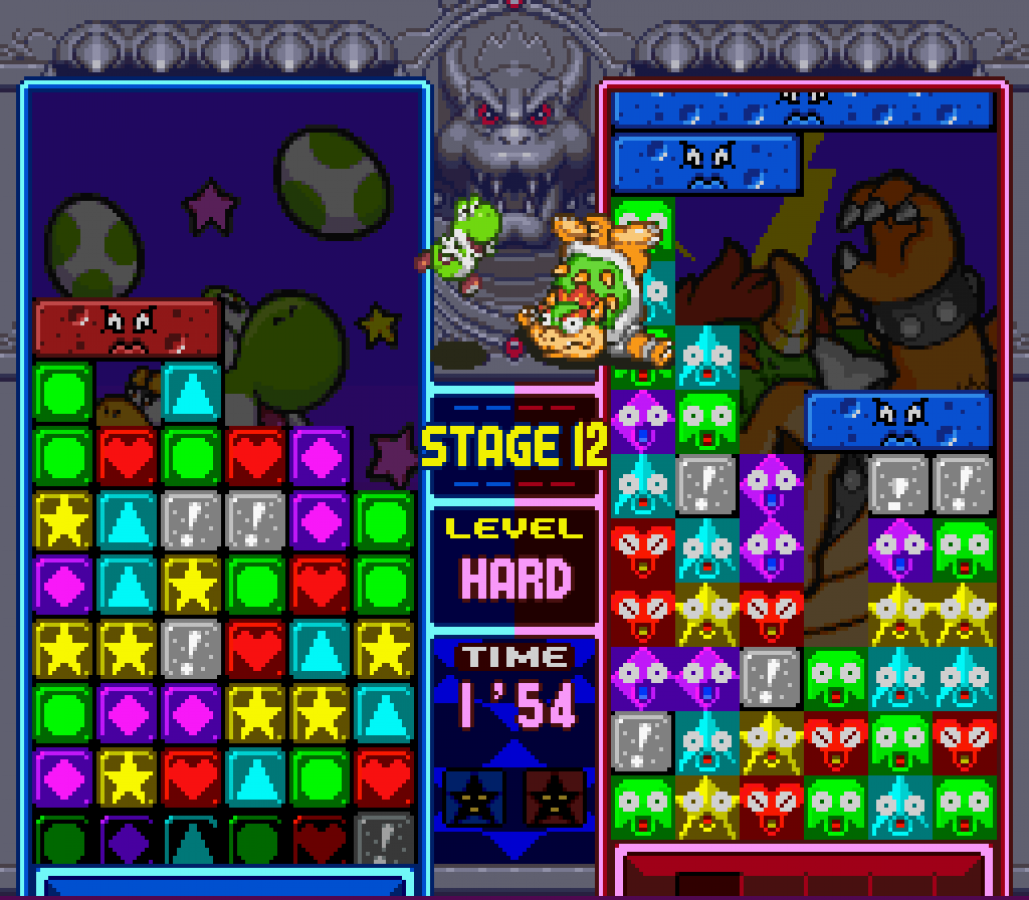 Tetris Attack for Super Nintendo Entertainment System with colorful tile-matching puzzle gameplay theme screenshot