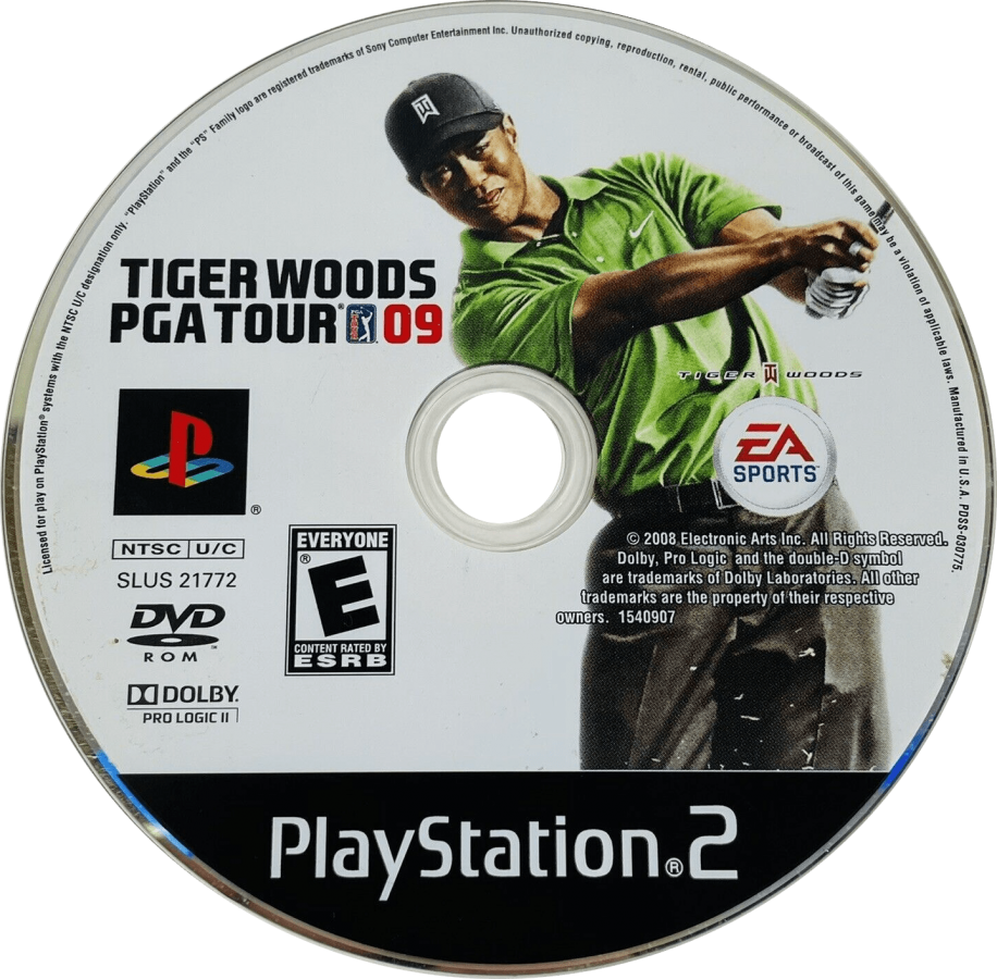 Tiger Woods PGA Tour 09 – PlayStation 2 (PS2) video game disc, golf sports simulation.