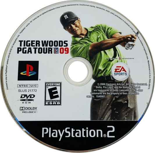 Tiger Woods PGA Tour 09 – PlayStation 2 (PS2) video game disc, golf sports simulation.
