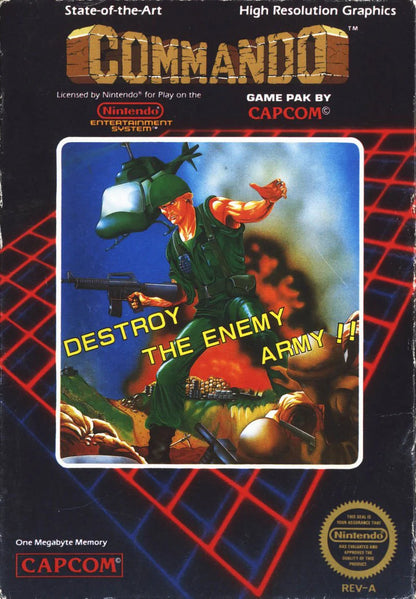 Commando game for the Nintendo Entertainment System featuring top down run and gun gameplay with continuous shooting grenade attacks and mission based stages as players advance through enemy territory in an arcade style military setting cover art